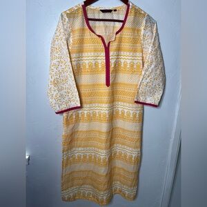 Traditional Yellow‎ and White Ethnic-Saree Tunic Dress from India